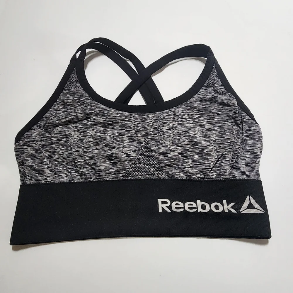Reebok women's black & gray sports bra strappy Criss Cross straps size small